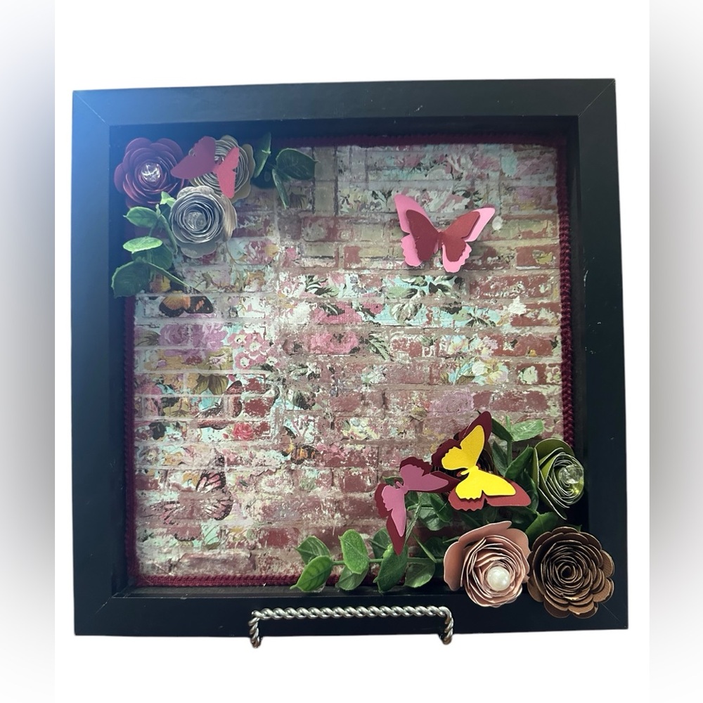 Hand crafted shadow box with handmade flowers and butterflies